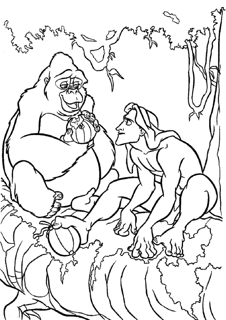 dla dzieci kolorowanki Tarzan Disney, obrazek z gorylicą Kalą i naszym bohaterem Tarzanem, malowanka do wydruku i pokolorowania numer 41